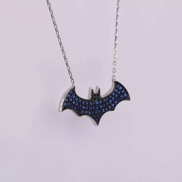 Halloween Deep Blue Sapphire & Sterling Bat Adjustable Necklace with Onyx Eyes - Picture 3 of 8
